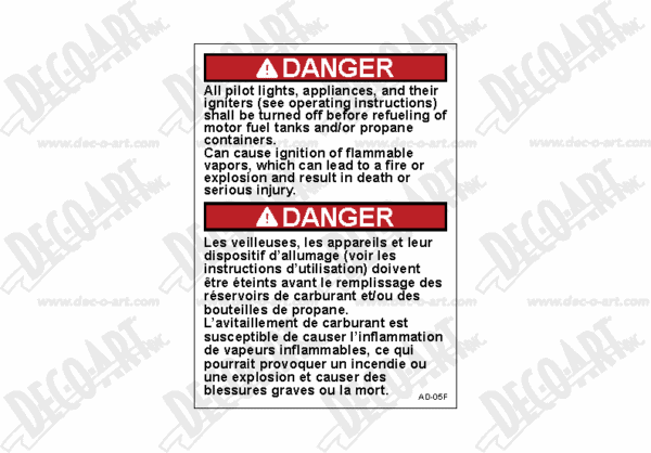 AD-05F: All pilots must be turned off before refueling. For Canada. Pack of 100.