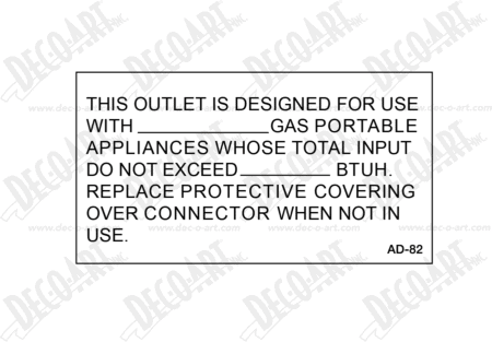 AD-82 label graphic. Outlet gas portable appliance. Park model required