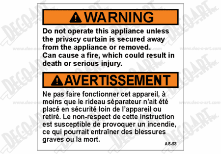 AS-93: Do not operate this appliance unless privacy curtain is secured. Canada. Pack of 100.