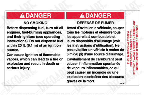 BS-14F: Fuel dispensing warnings. For Canada. Pack of 100.