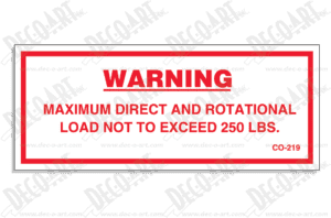 CO-219 label graphic. Maximum direct and rotational load not to exceed 250 lbs