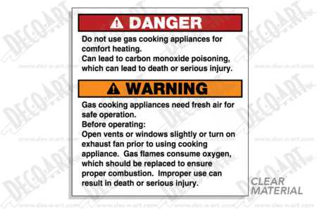 DD-26C label graphic. Not safe to use cooking appliances for comfort heat. Clear vinyl.