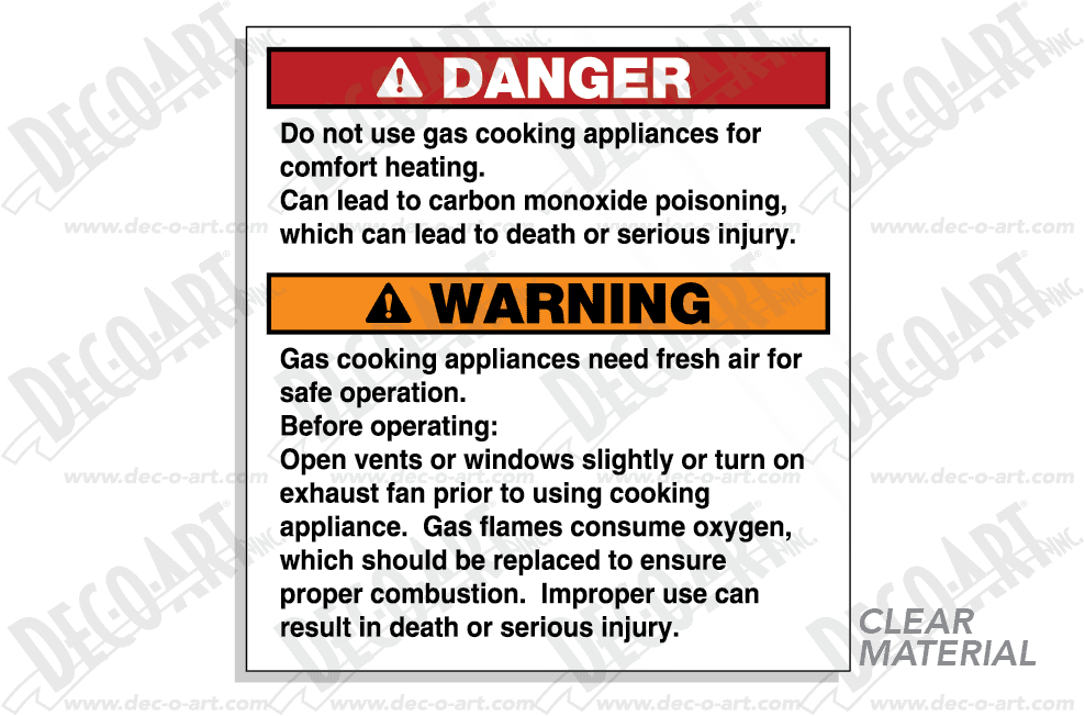 DD-26C label graphic. Not safe to use cooking appliances for comfort heat. Clear vinyl.