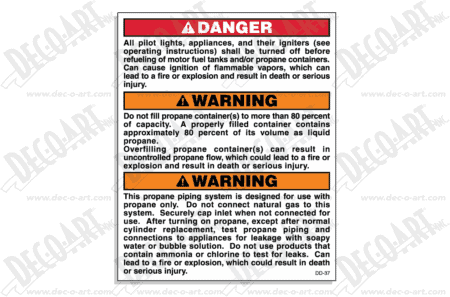 DD-37 label graphic. Propane pipe instructions and pilot warning