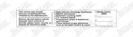 DD-95: Vehicle may include mercury. (VT/CT/ME). Tamper evident polyester. Pack of 100.
