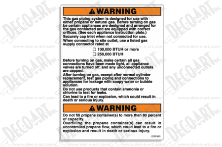DOA340 label graphic. Propane/natural gas piping system instructions