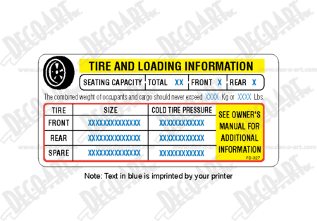 FD-327: Motorized vehicle tire placard. Laser imprintable. Pack of 100.