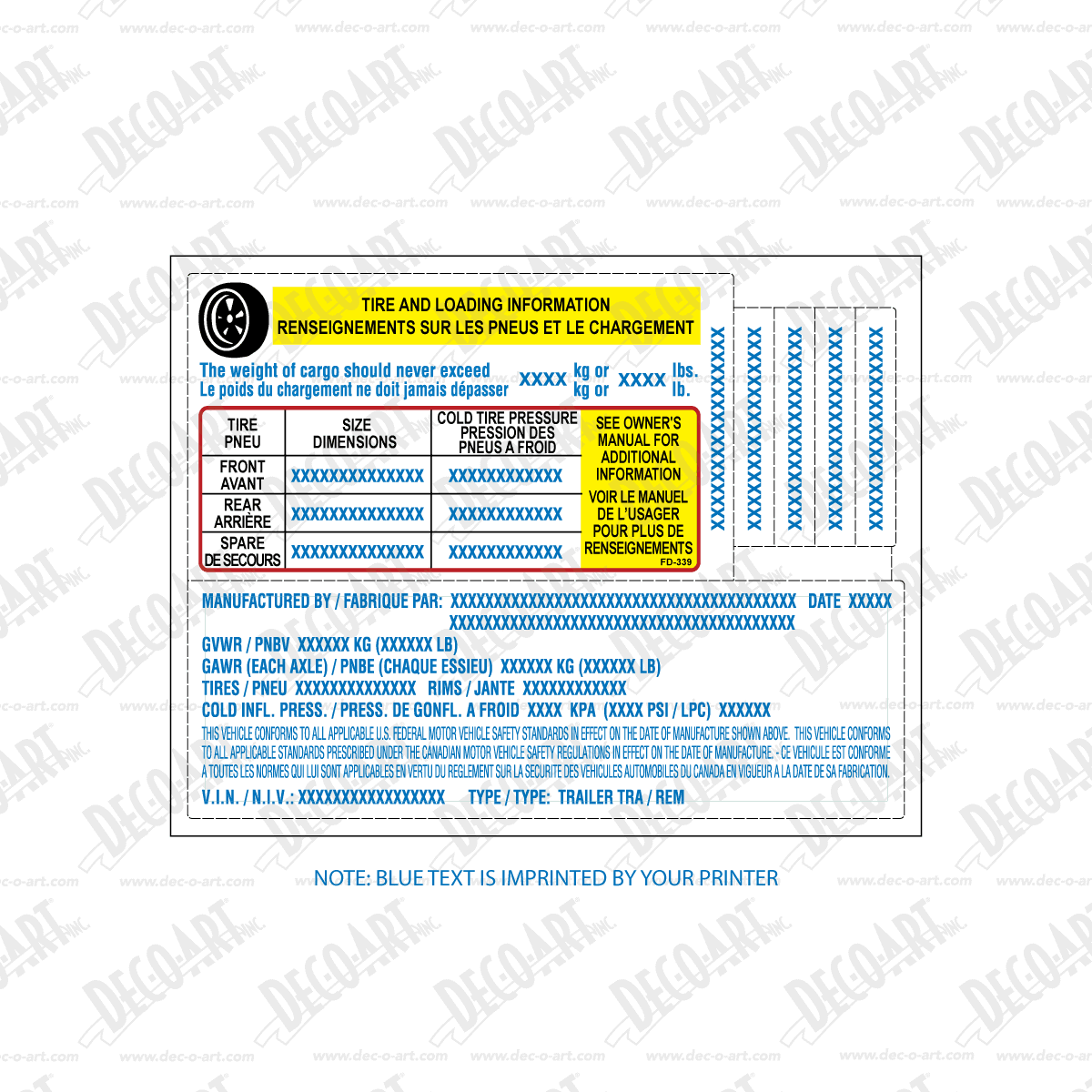 FD-339: Combo Federal Certification Label and Tire Placard for USA/Canada. Thermal imprintable. Roll of 1000 sets.
