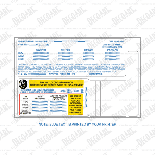 FD-342: Up to 3 Axle Federal Certification Label and Tire Placard