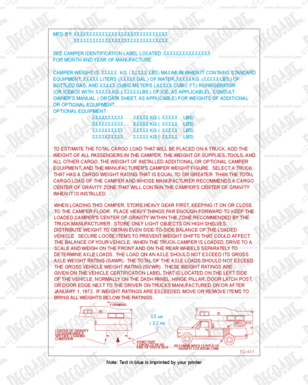 FD-401: Truck camper data sheet. RVIA required. Laser imprintable. Pack of 100.