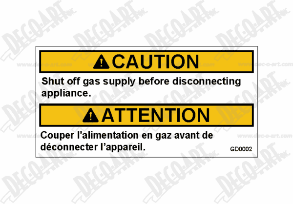 GD0002: Shut off gas supply before disconnecting appliance for Canada. Pack of 100.
