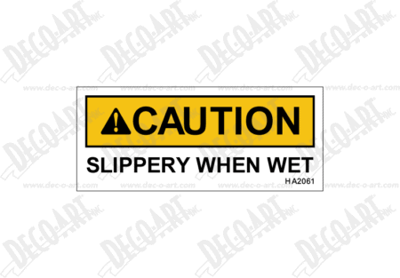 HA2061 label graphic. Caution! Slippery when wet.