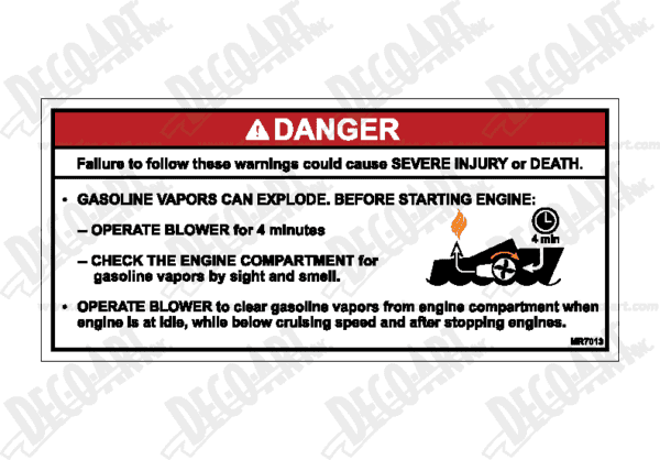 MR7013: Gasoline vapors can explode. Before starting engine... Pack of 100.