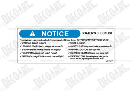 MR7027 label graphic. Notice. Boater’s checklist. Before starting engine?