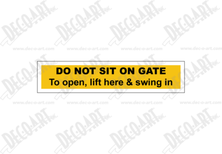 MR7056 label graphic. Do not sit on gate. Instructions to open.