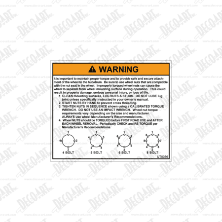 UT0056 label graphic. Properly torque wheel nuts