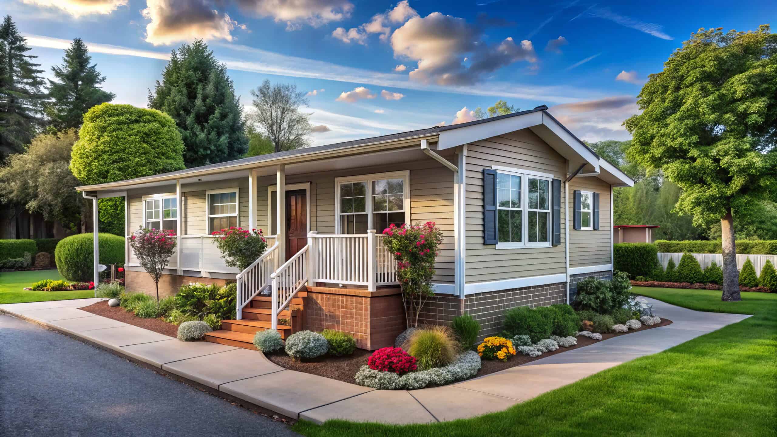Manufactured home with a beautiful landscaped yard