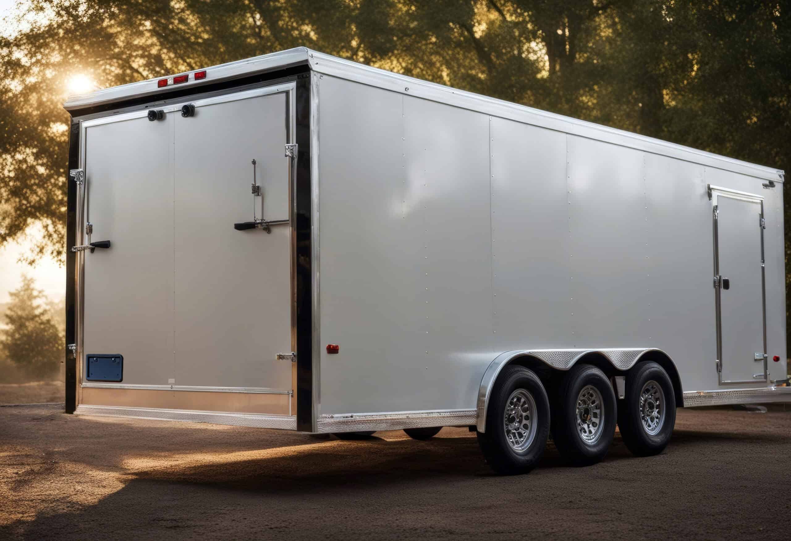 white cargo trailer parked on a road