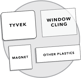 icons of material featuring Tyvek, window cling, magnet, and other plastics