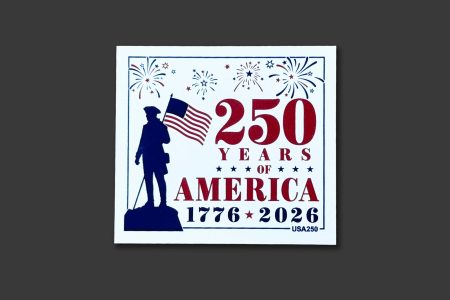 USA250 label with man and flag, fireworks and 1776-2026